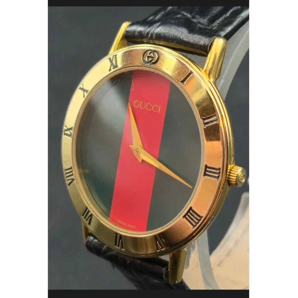 Vintage 3000.2.M Gucci Watch Gold Plated Green Red Sherry Line‎ Dial Roman Bezel